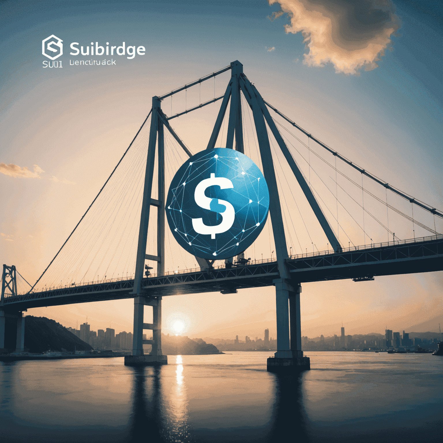 Illustration of SuiBridge launch with Sui network logo and bridge icon, symbolizing the connection between different blockchain networks