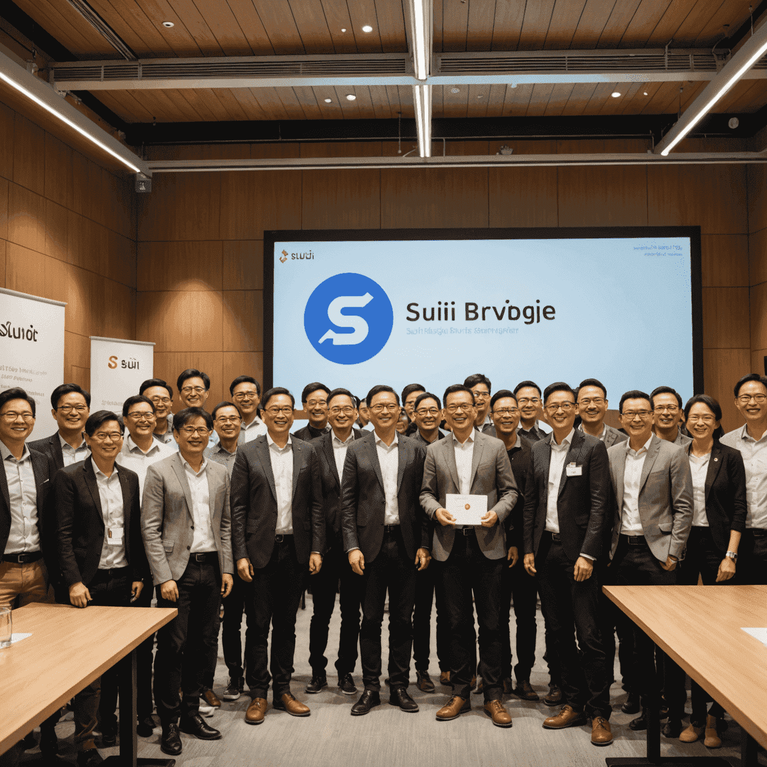 SuiBridge launch event with developers and community members celebrating, Sui network logo prominently displayed