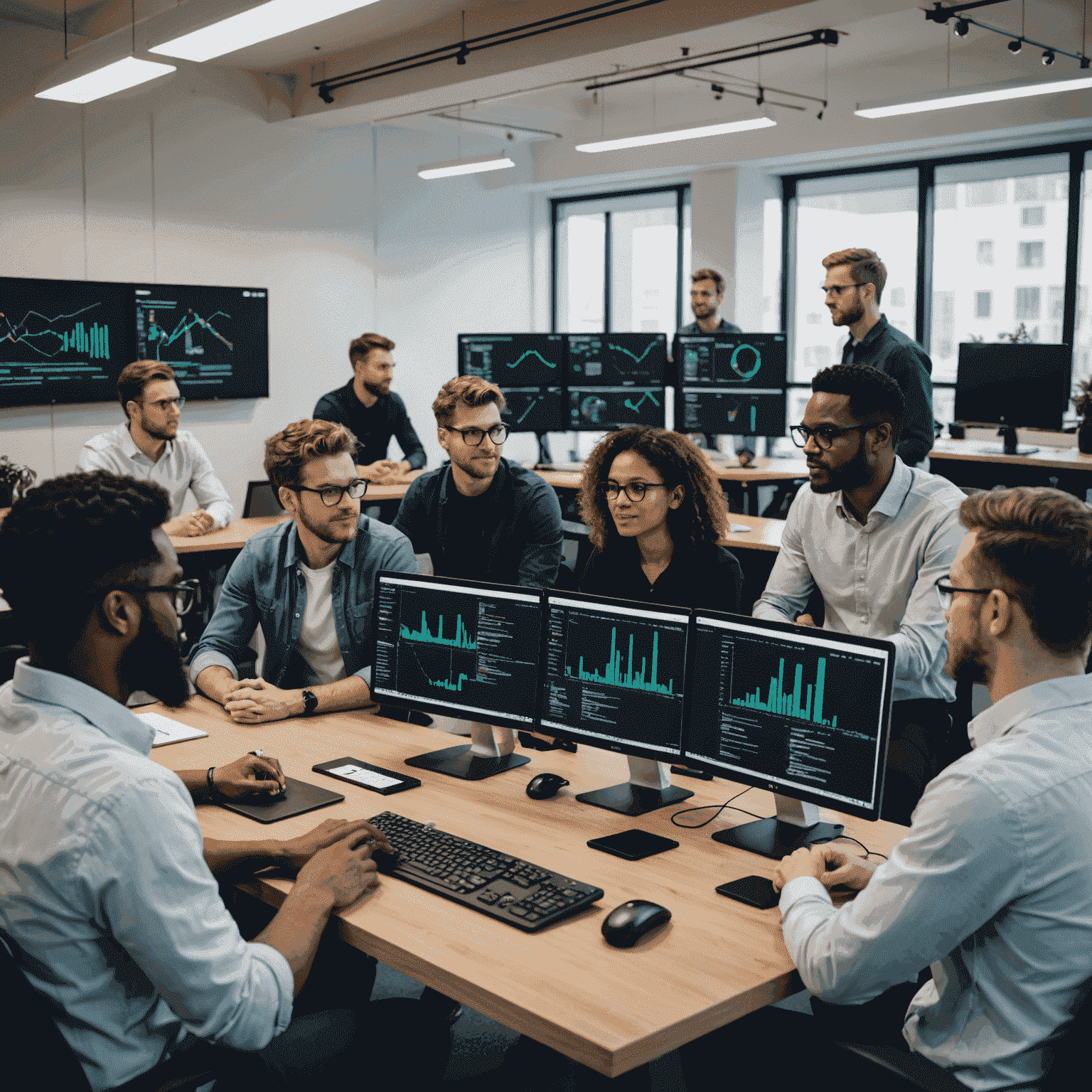 A group of diverse developers sitting in a modern office space, discussing SuiBridge platform. They are surrounded by multiple screens displaying code and blockchain visualizations.