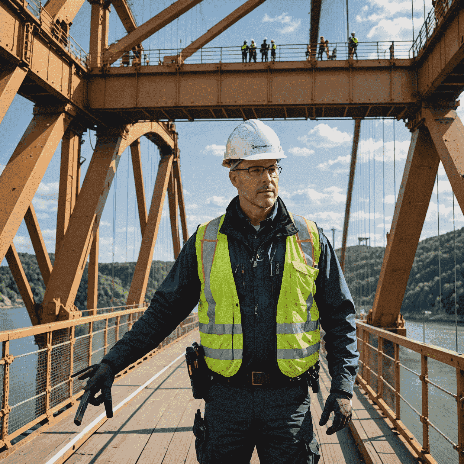 A detailed view of a bridge inspector examining the structural components of a large suspension bridge, using advanced equipment and safety gear.