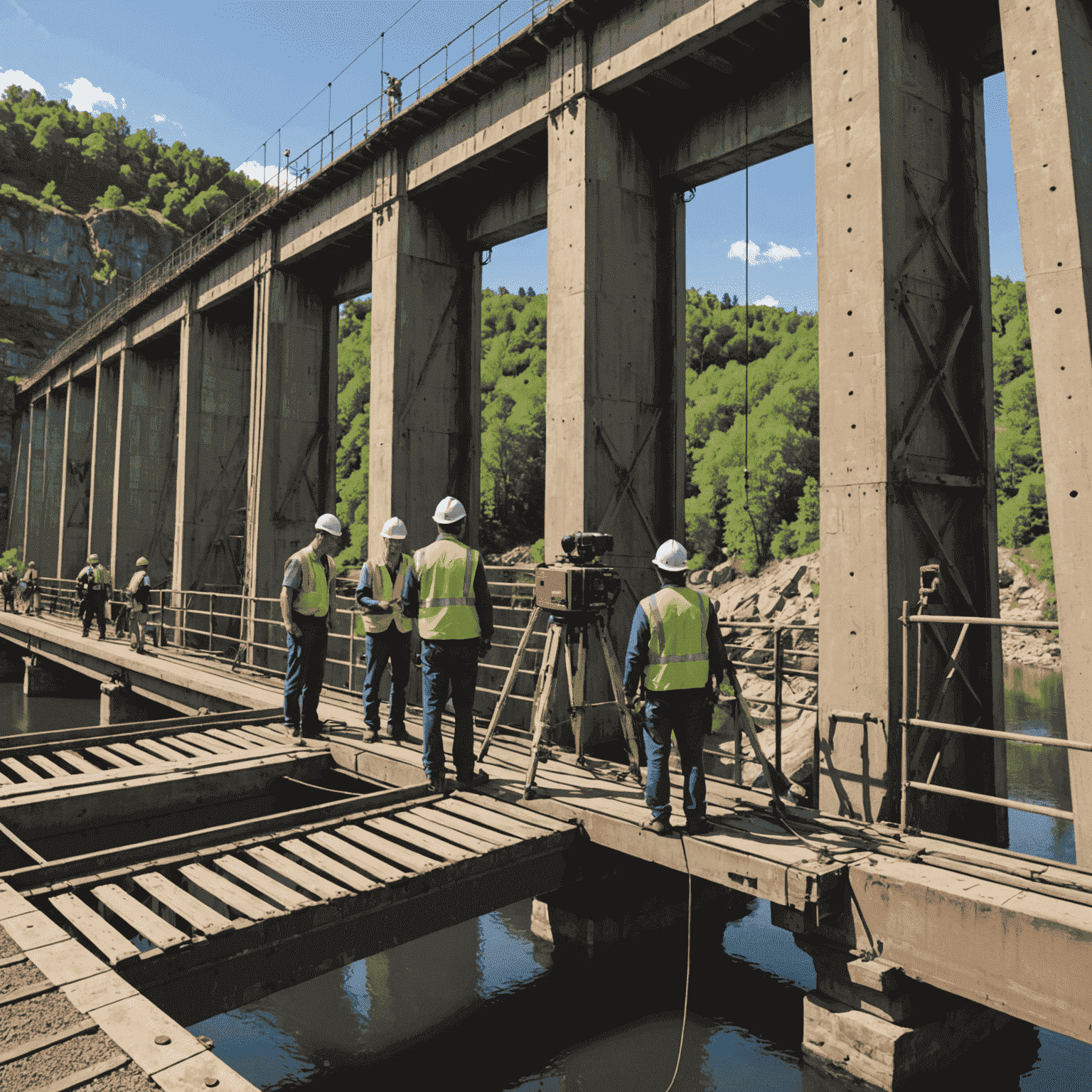 Engineers performing a detailed bridge inspection, using advanced equipment to assess structural integrity