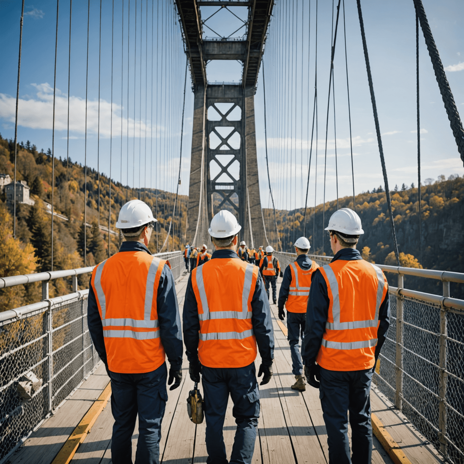 A team of engineers inspecting a large suspension bridge, focusing on structural elements and wearing safety gear. The image showcases the meticulous nature of bridge maintenance.