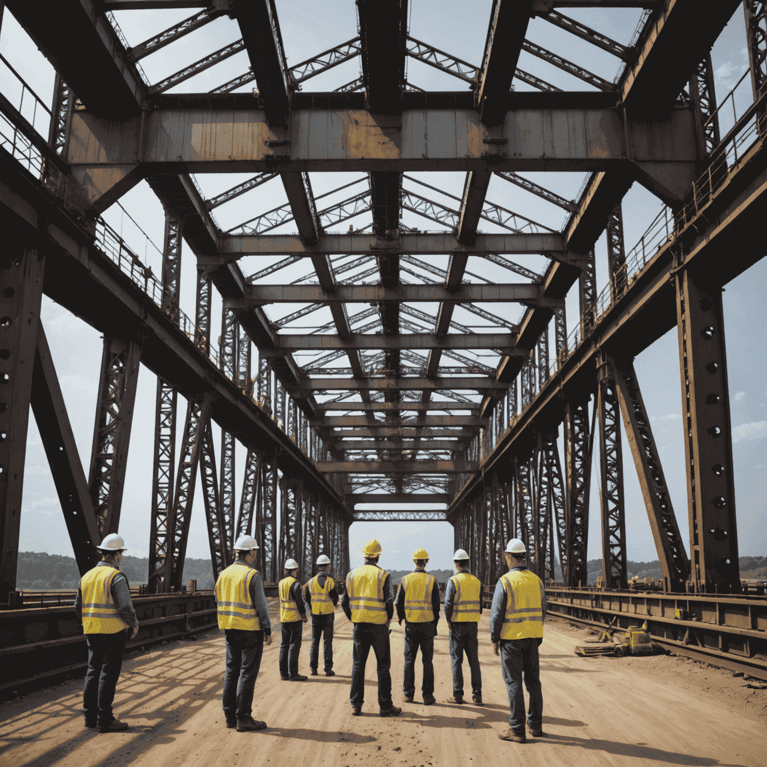 A team of engineers inspecting and working on a large steel bridge structure, showcasing various rehabilitation techniques