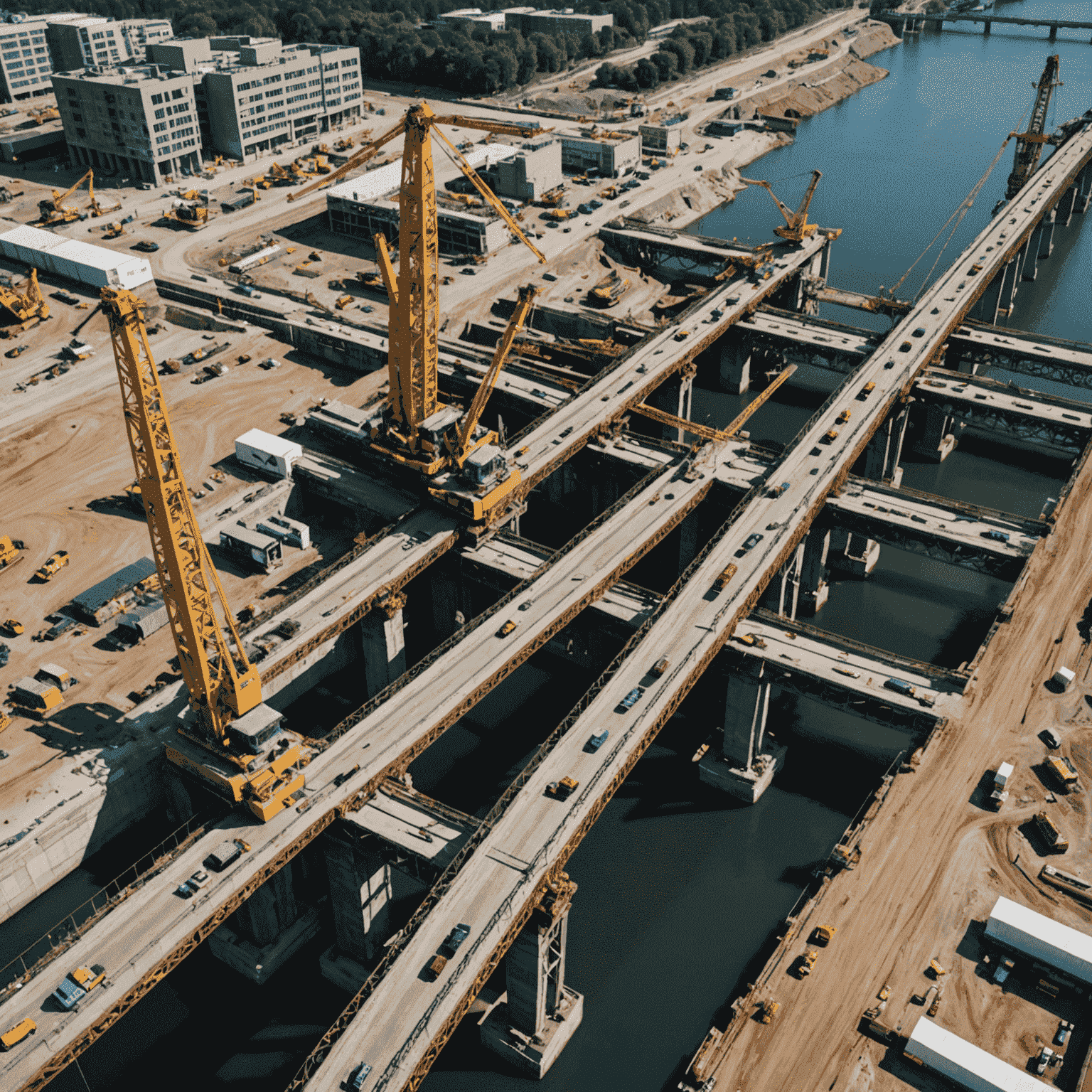 A complex bridge construction site with cranes, workers, and partially completed bridge sections. The image showcases the scale and complexity of bridge construction projects.