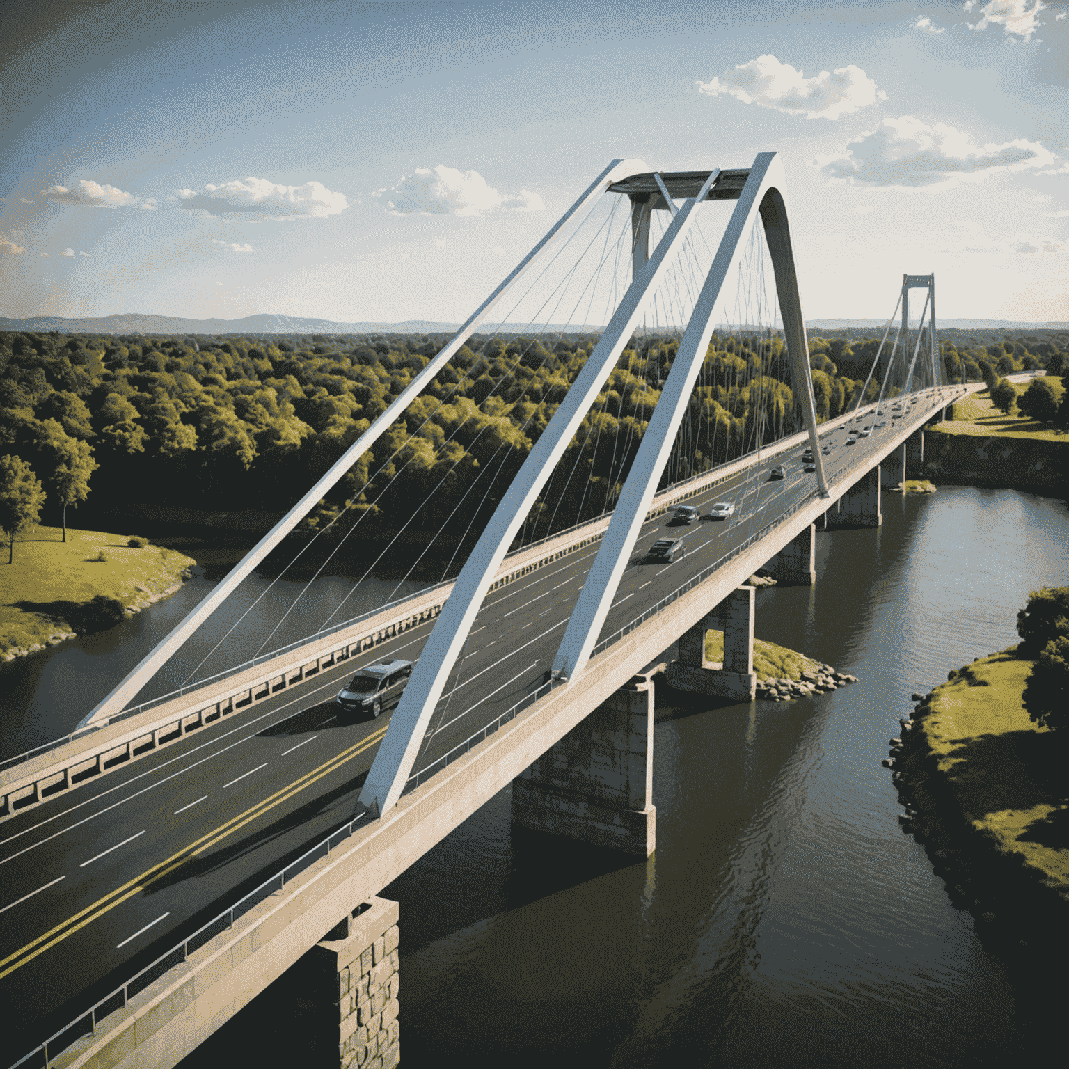 A 3D rendering of a modern bridge design, showcasing innovative architectural elements and engineering principles specific to the SuiBridge approach.