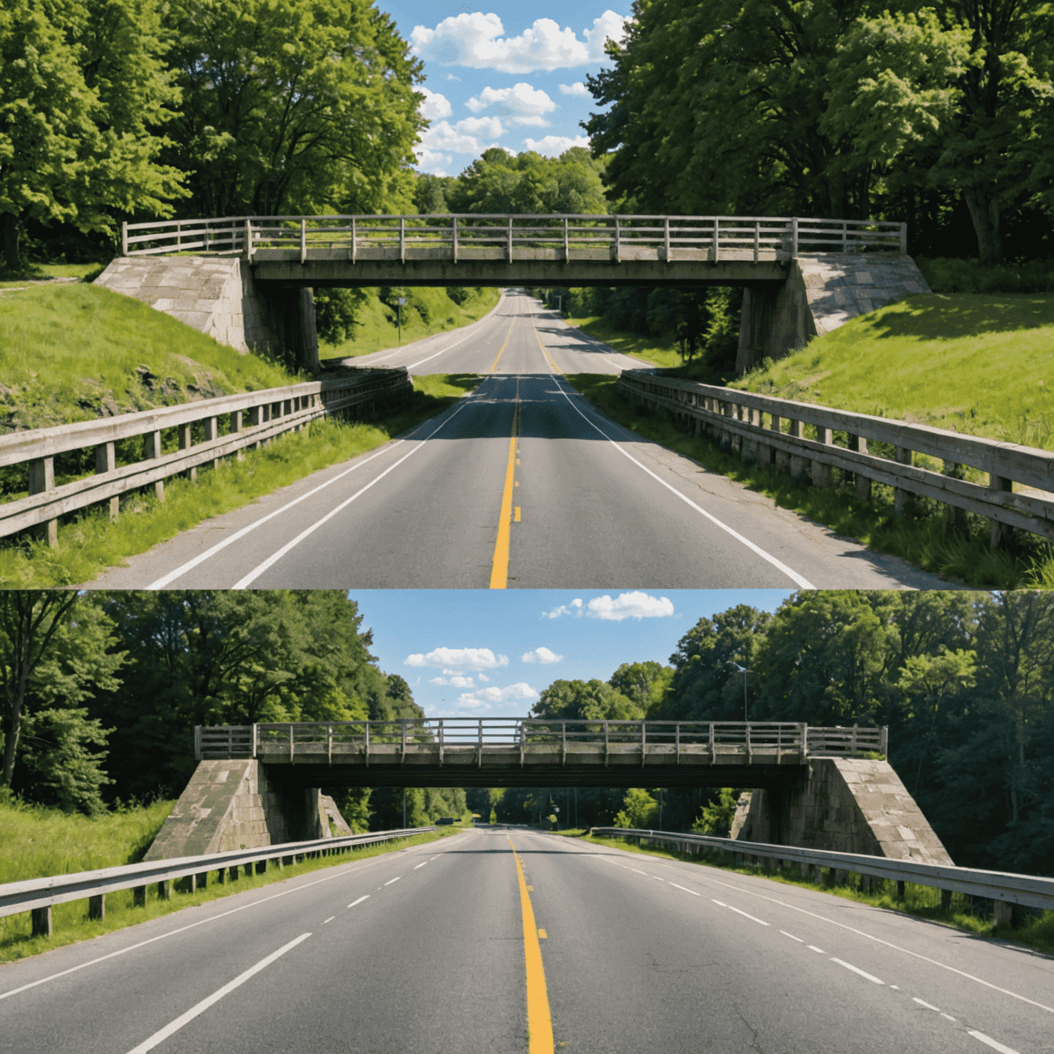 A split image showing a well-maintained bridge on one side and a deteriorating bridge on the other, highlighting the importance of proactive maintenance. The maintained bridge looks pristine with a smooth road surface and intact structural elements.