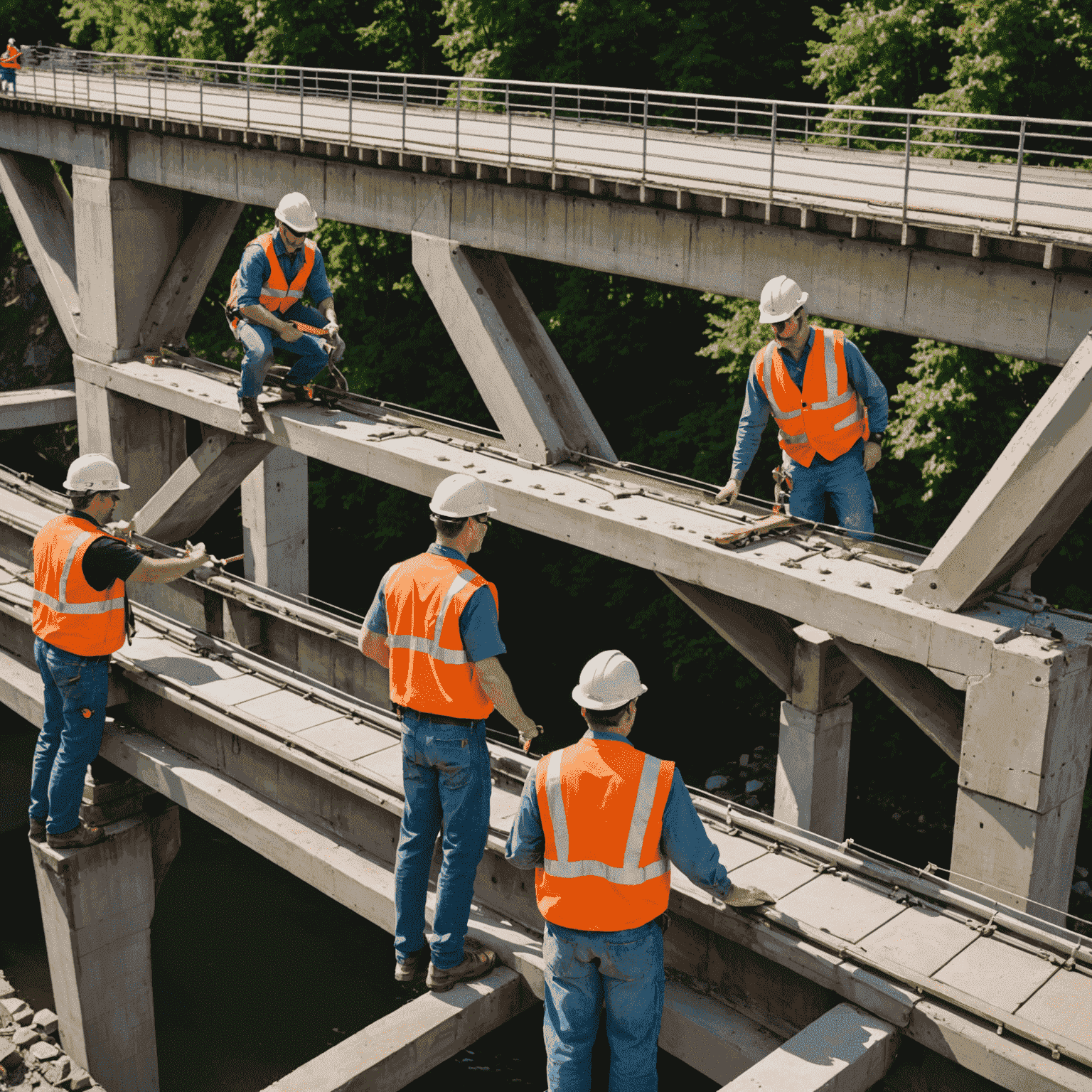 A diverse team of SuiBridge engineers and technicians collaborating on a bridge rehabilitation project, showcasing their expertise and teamwork