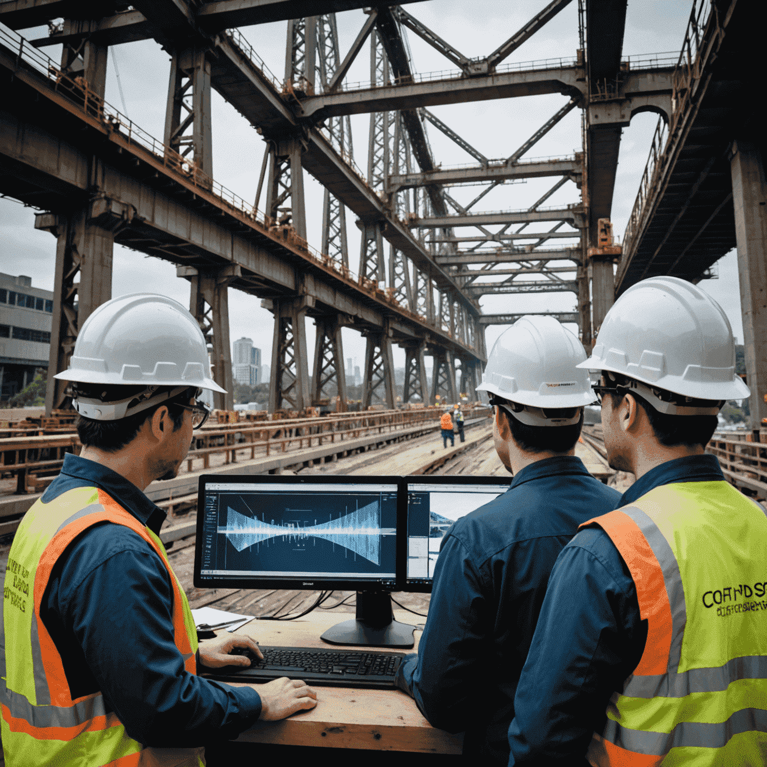 A team of engineers using advanced computer systems and 3D holographic displays to design and analyze a complex bridge structure. The image showcases the high-tech approach to modern bridge construction management.