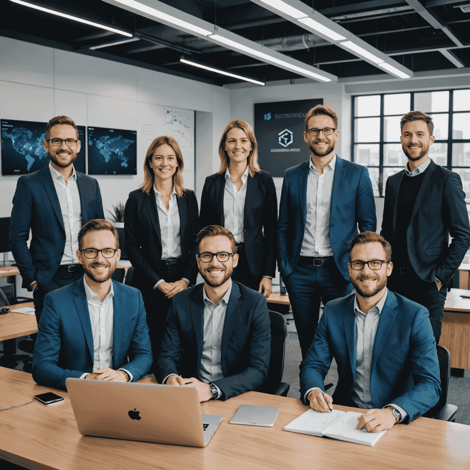 Group photo of SuiBridge development team in a modern office setting, with Sui network and blockchain visuals in the background