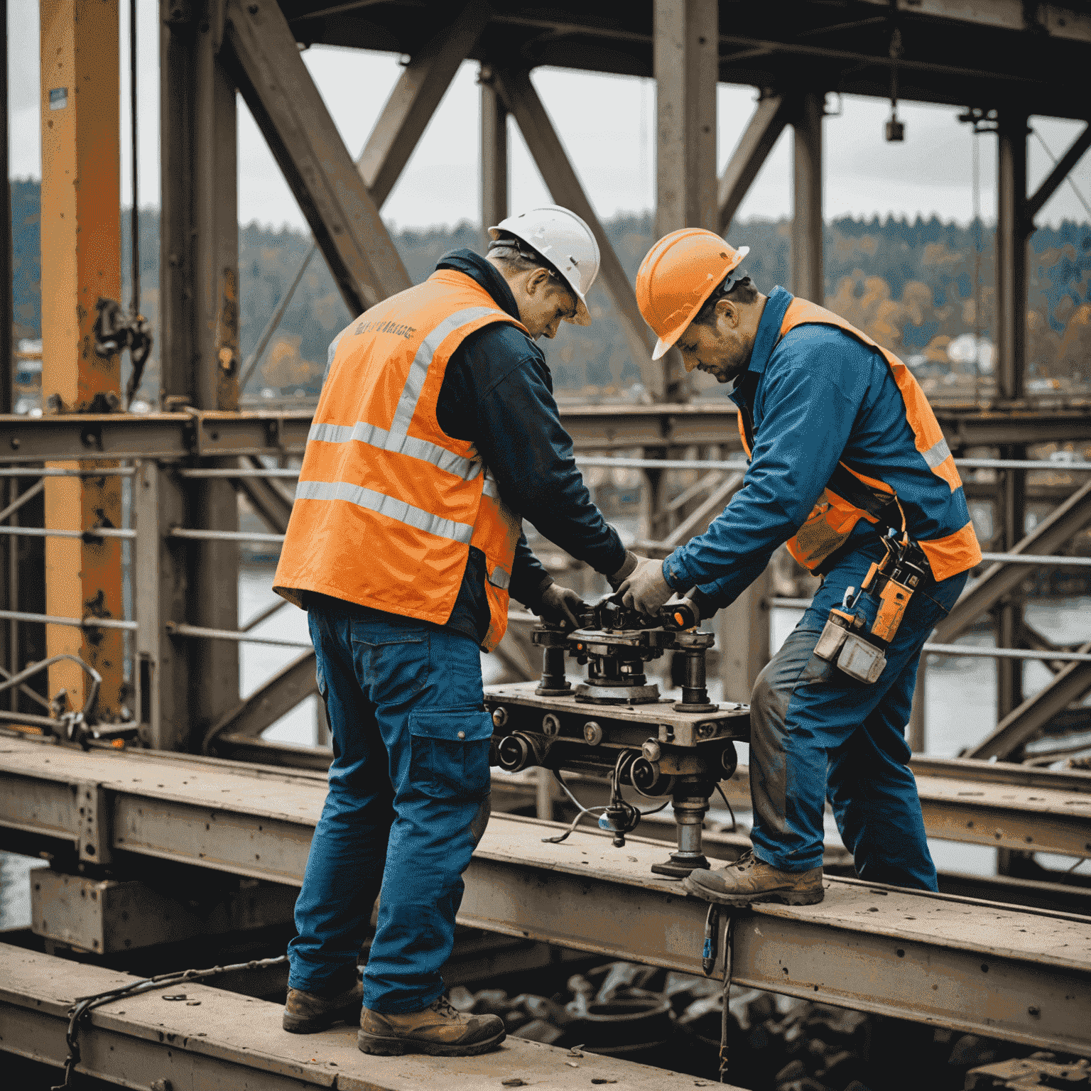 A team of SuiBridge maintenance workers performing routine checks and repairs on a bridge structure, with specialized tools and safety equipment.