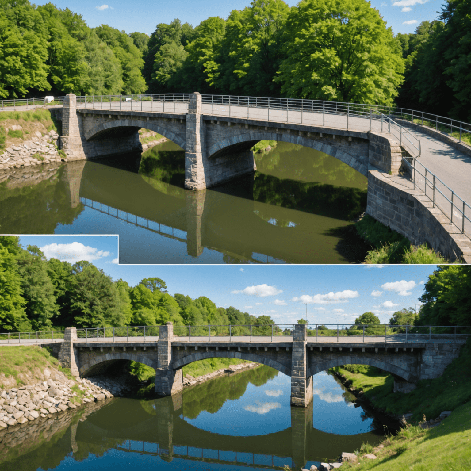 Before and after images of a bridge rehabilitation project, showing the transformation and structural improvements made by the SuiBridge team.