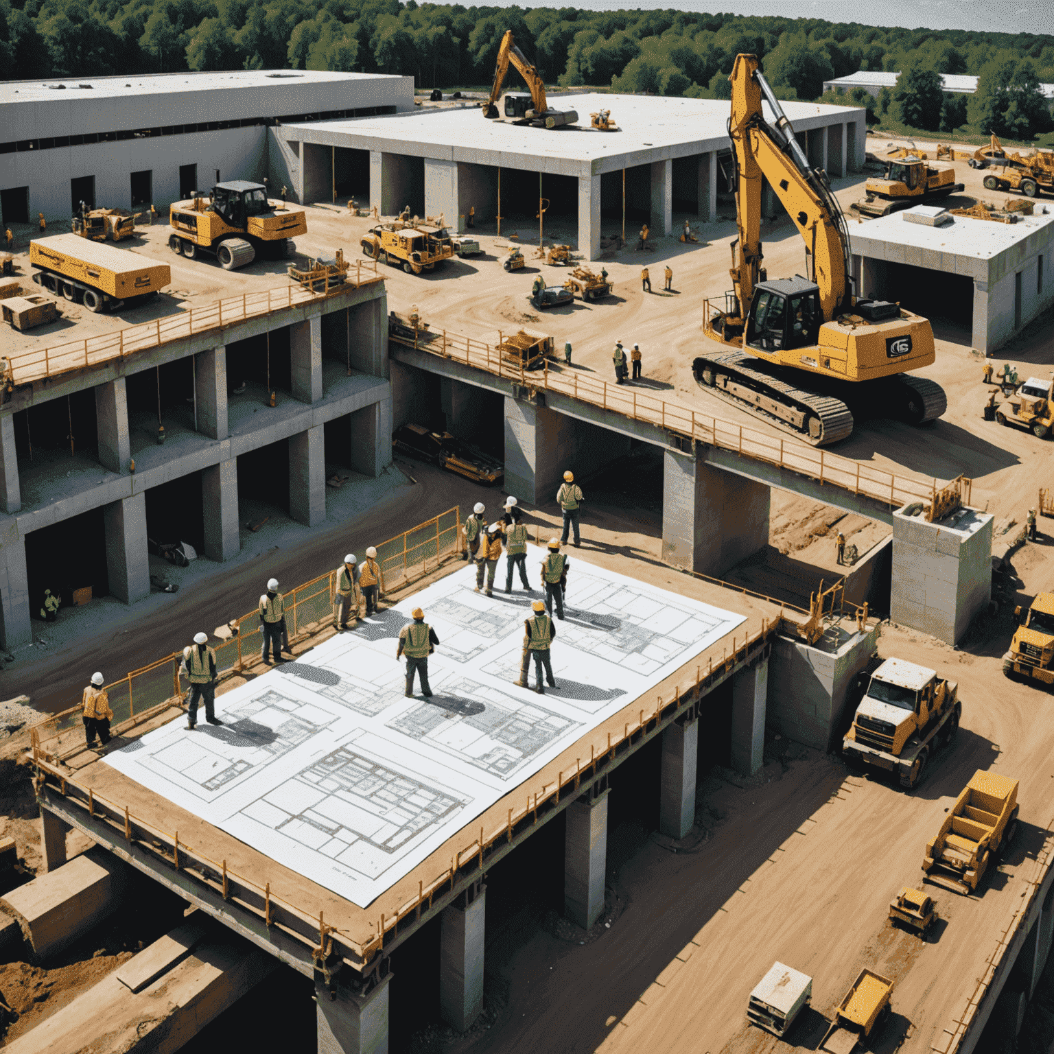 A construction site overview showing SuiBridge project managers coordinating various aspects of bridge construction, with blueprints, heavy machinery, and workers visible.
